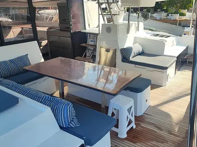 Deck of Lalom, a Fountaine Pajot Elba 45 catamaran at Fethiye, Turkey