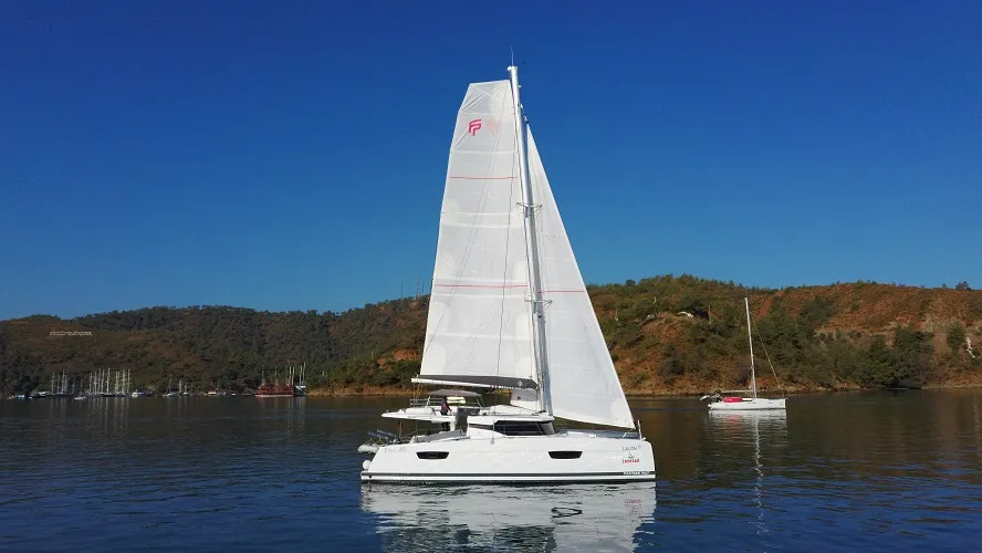 Exterior view of Lalom, a Fountaine Pajot Elba 45 catamaran at Fethiye, Turkey