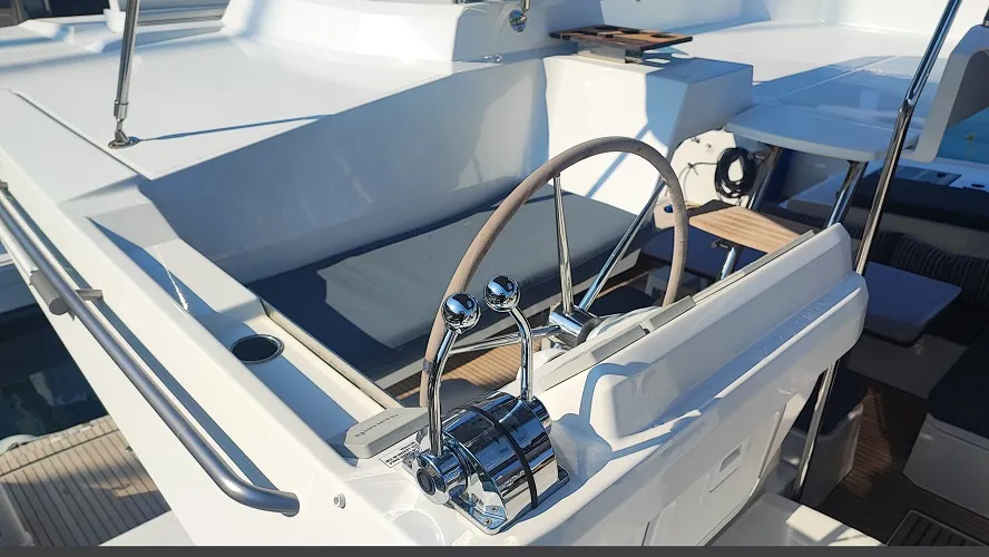 Cockpit of Lalom, a Fountaine Pajot Elba 45 catamaran at Fethiye, Turkey