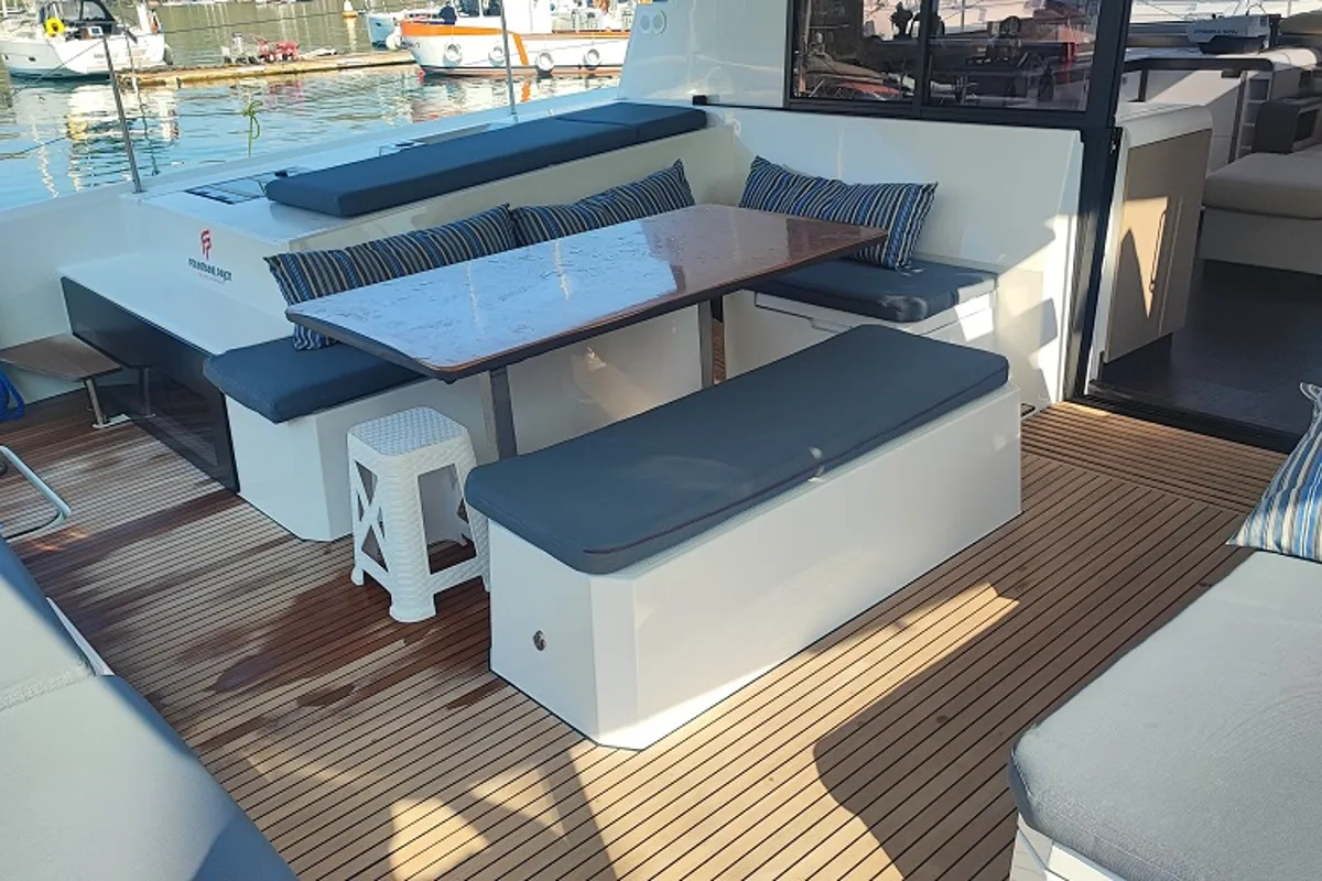 Deck of Lalom, a Fountaine Pajot Elba 45 catamaran at Fethiye, Turkey