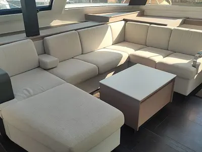 Salon of Lalom, a Fountaine Pajot Elba 45 catamaran at Fethiye, Turkey