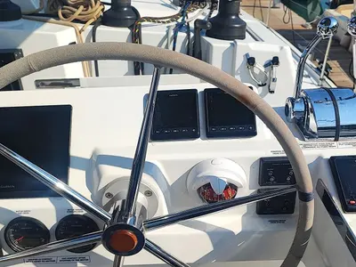 Cockpit of Lalom, a Fountaine Pajot Elba 45 catamaran at Fethiye, Turkey