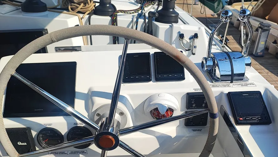 Cockpit of Lalom, a Fountaine Pajot Elba 45 catamaran at Fethiye, Turkey
