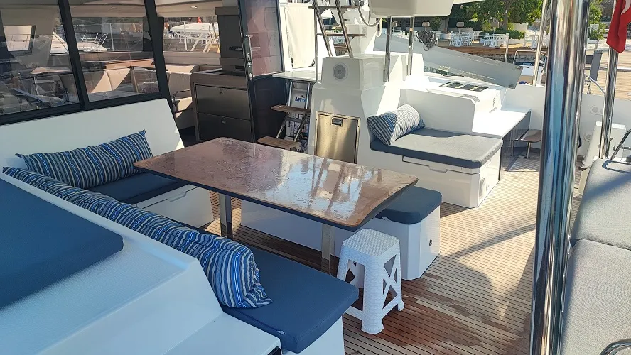Deck of Lalom, a Fountaine Pajot Elba 45 catamaran at Fethiye, Turkey