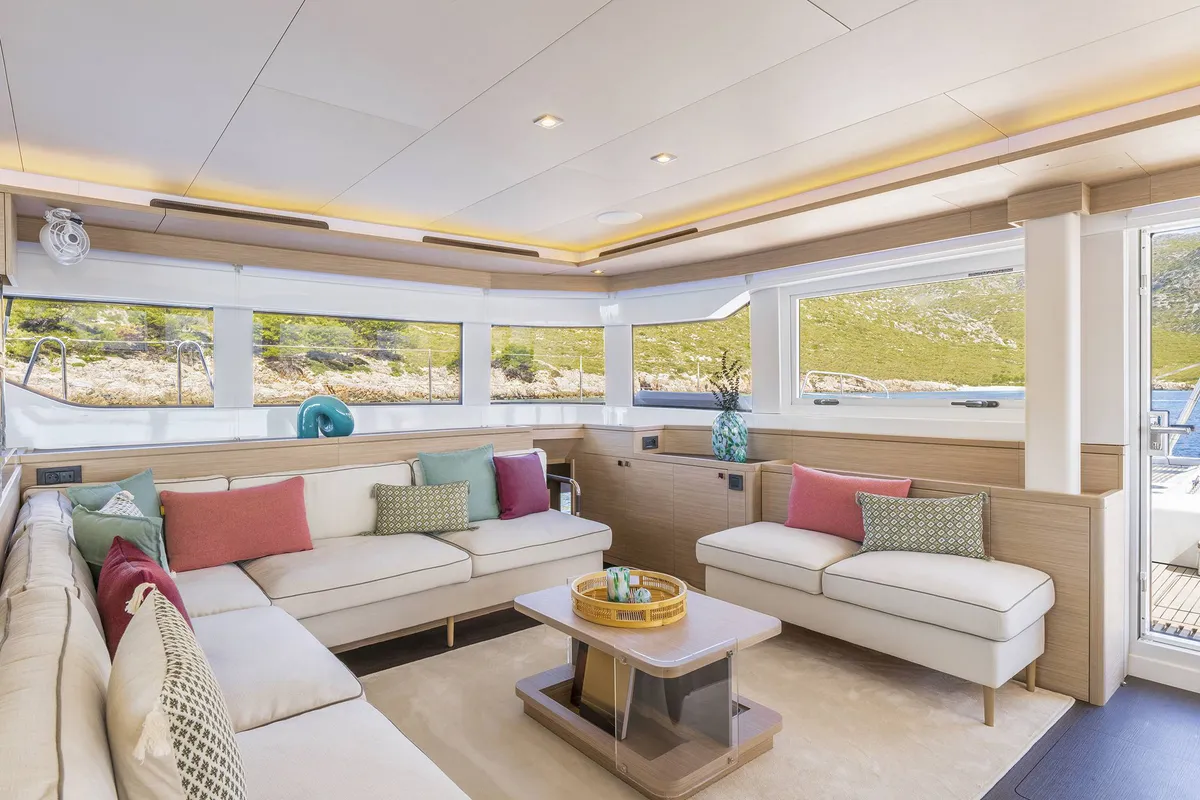 Salon of LADY M, a Lagoon 60 catamaran at Athens, Greece