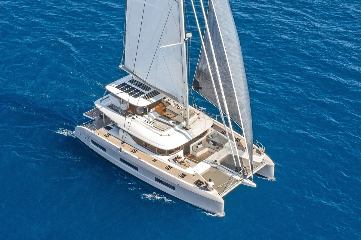 Exterior view of LADY M, a Lagoon 60 catamaran at Athens, Greece