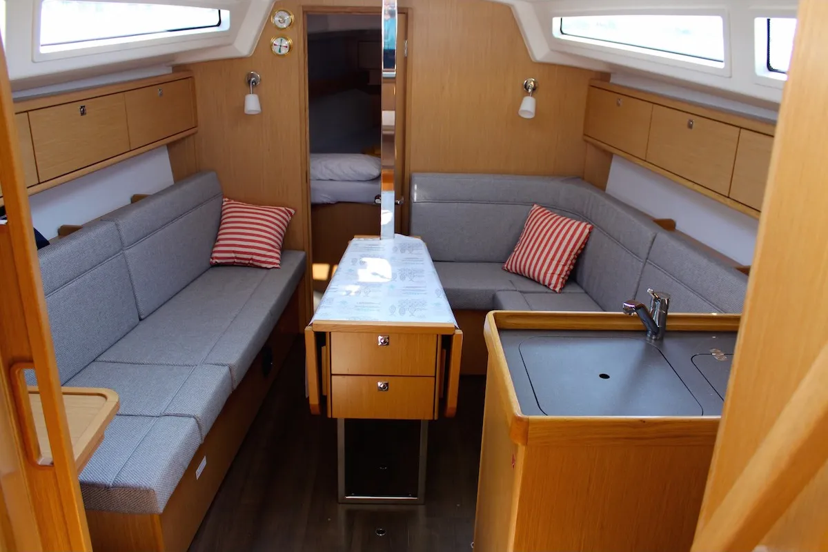 Salon of Why Not 15, a Bavaria 34 Cruiser sailboat at Municipal Unit of Lefkada, Greece