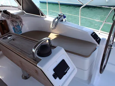 Cockpit of Why Not 15, a Bavaria 34 Cruiser sailboat at Municipal Unit of Lefkada, Greece