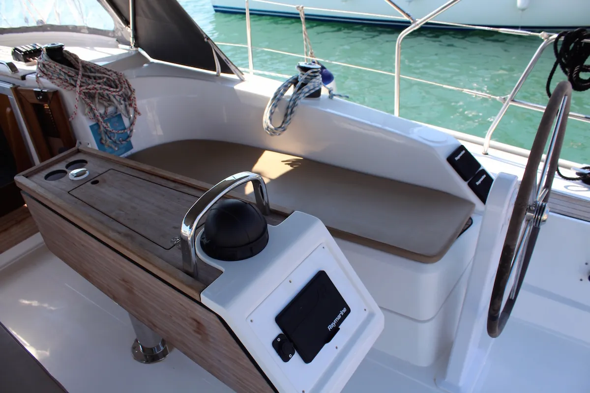 Cockpit of Why Not 15, a Bavaria 34 Cruiser sailboat at Municipal Unit of Lefkada, Greece