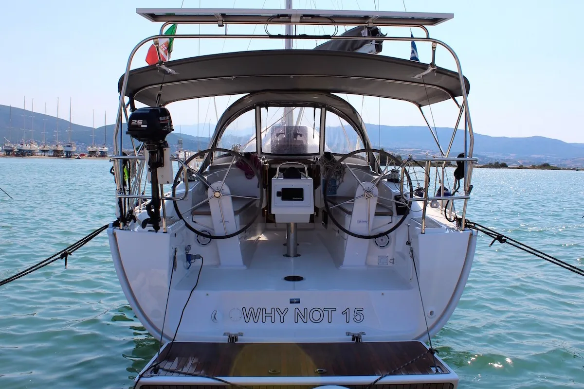 Exterior view of Why Not 15, a Bavaria 34 Cruiser sailboat at Municipal Unit of Lefkada, Greece