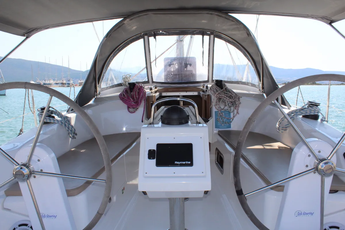 Cockpit of Why Not 15, a Bavaria 34 Cruiser sailboat at Municipal Unit of Lefkada, Greece