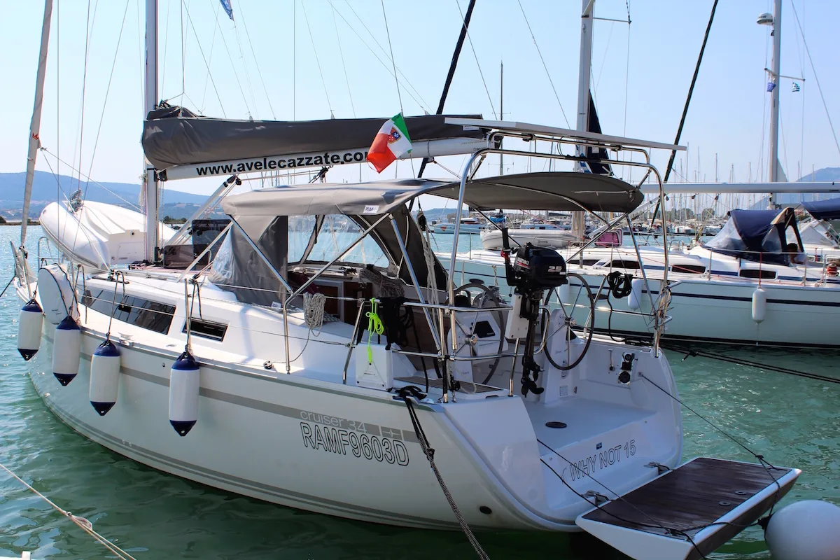 Exterior view of Why Not 15, a Bavaria 34 Cruiser sailboat at Municipal Unit of Lefkada, Greece