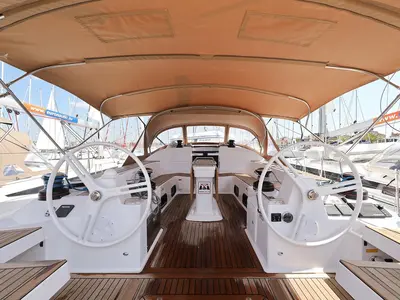 Cockpit of Abena, a Elan Impression 50 sailboat at Grad Biograd na Moru, Croatia
