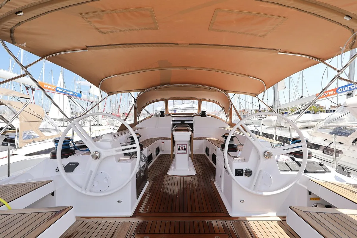 Cockpit of Abena, a Elan Impression 50 sailboat at Grad Biograd na Moru, Croatia