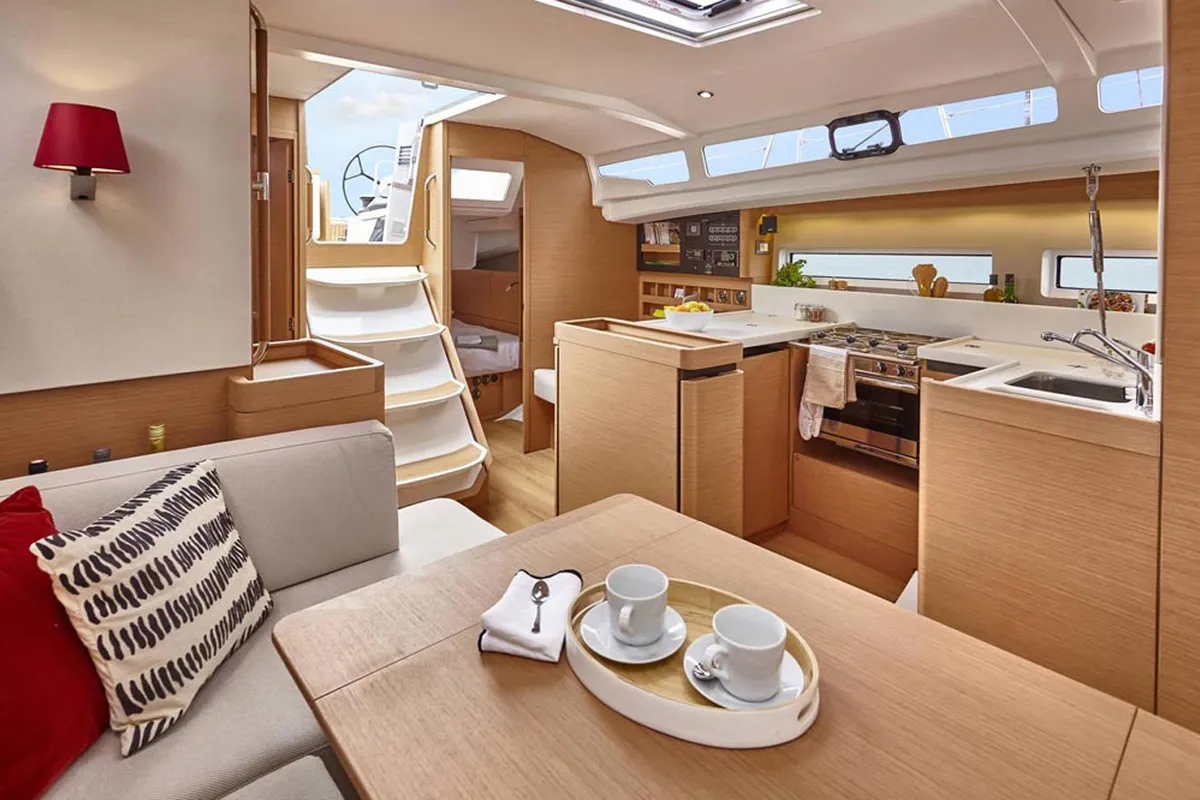 Salon of Capella, a Jeanneau Sun Odyssey 440 sailboat at Castellammare di Stabia, Italy