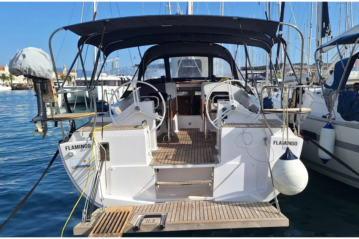 Cockpit of Flamingo, a Elan Impression 45.1 sailboat at Grad Šibenik, Croatia