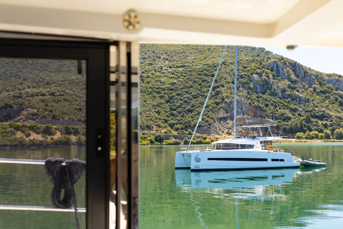 Exterior view of ZIZI, a Bali 4.1 catamaran at Preveza, Greece