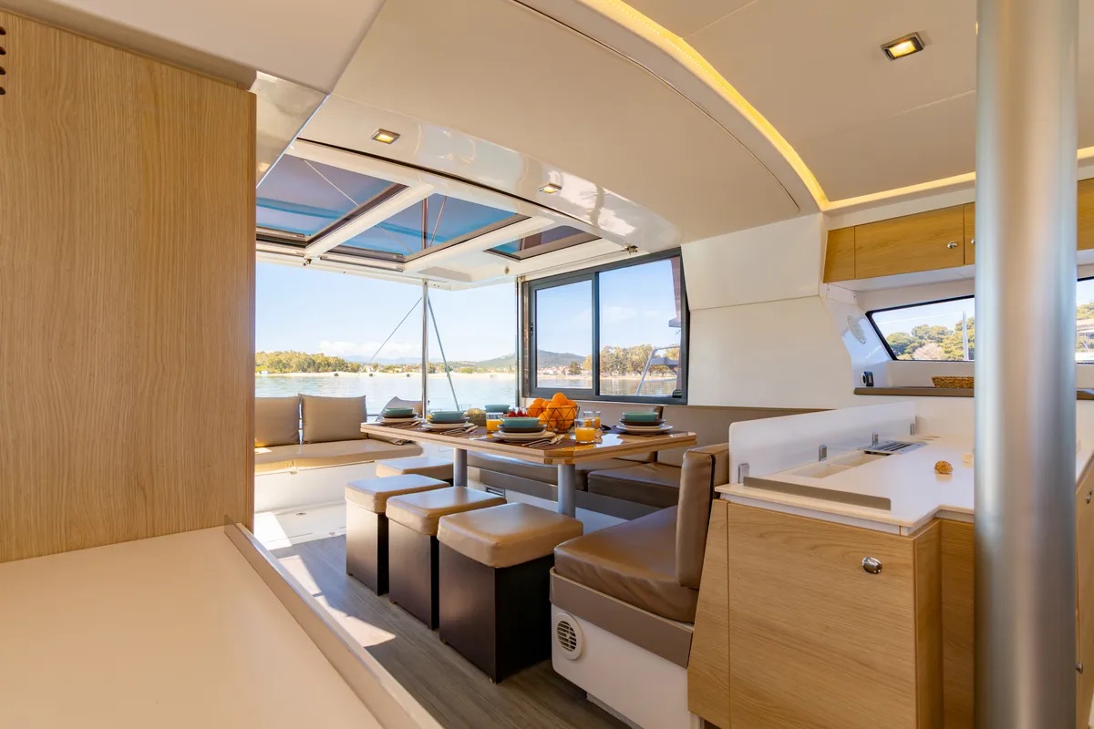 Salon of ZIZI, a Bali 4.1 catamaran at Preveza, Greece