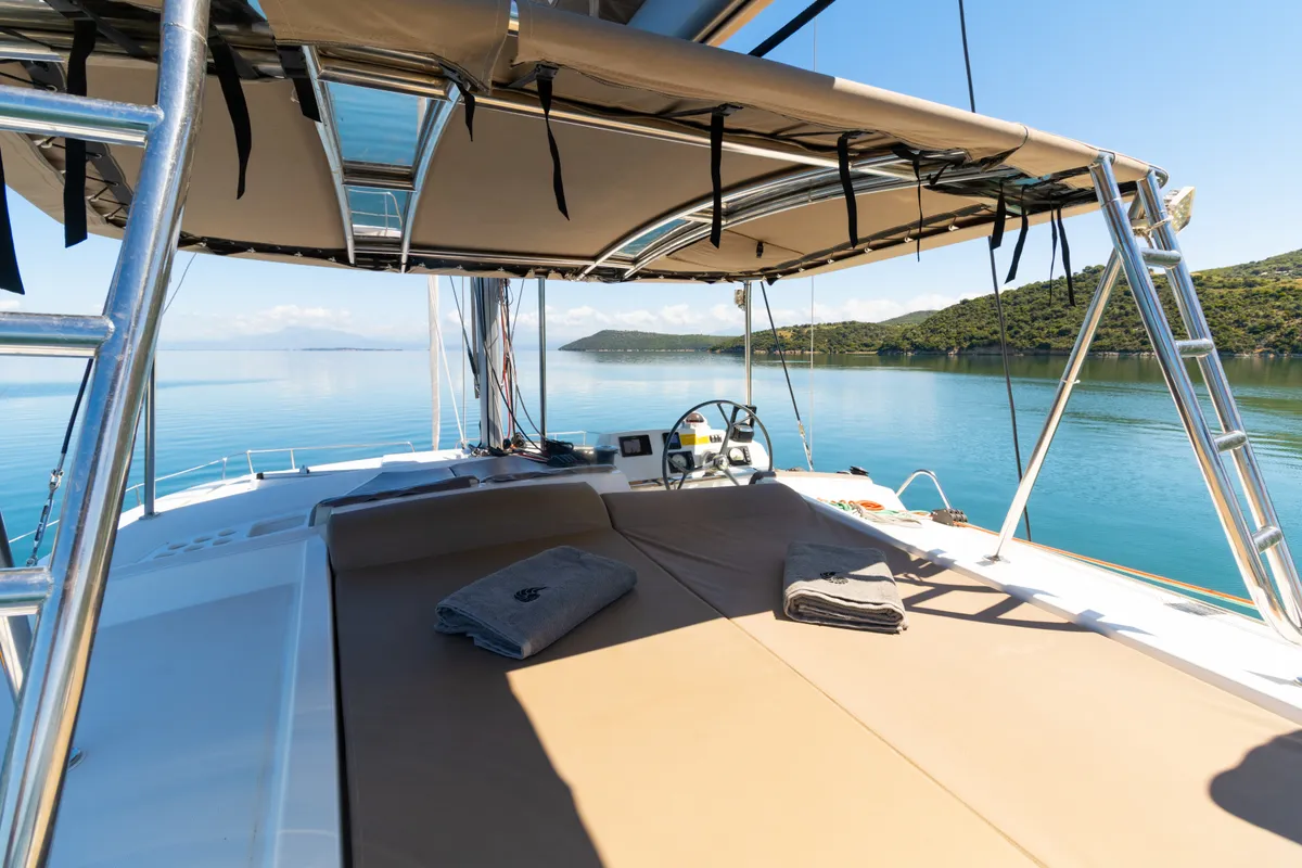 Deck of ZIZI, a Bali 4.1 catamaran at Preveza, Greece