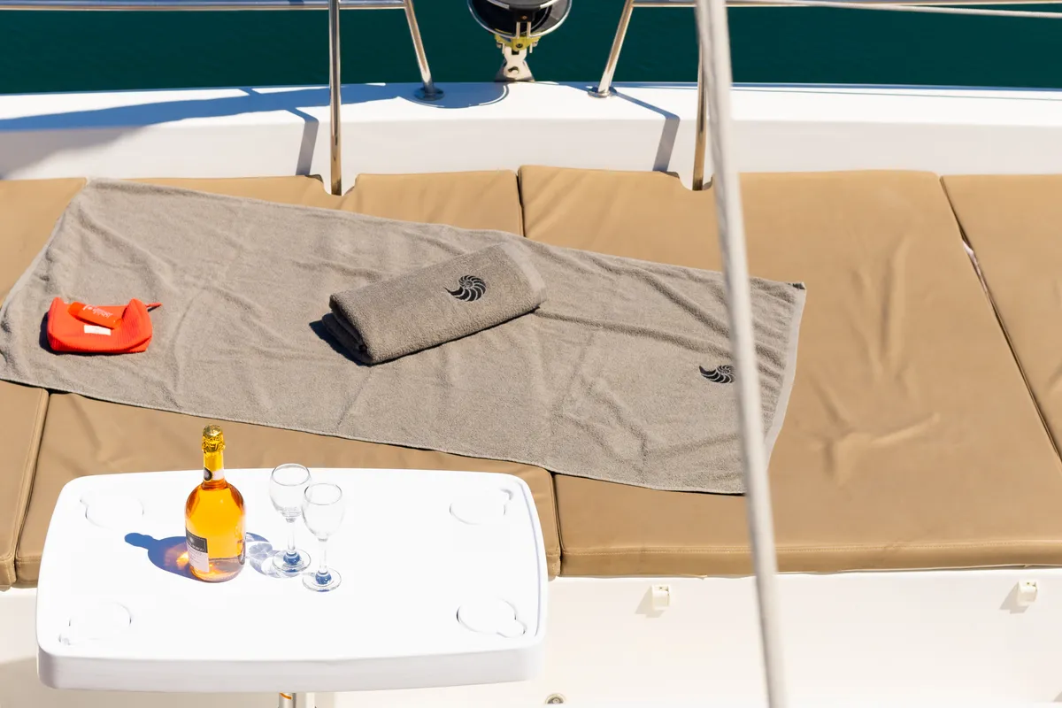 Deck of ZIZI, a Bali 4.1 catamaran at Preveza, Greece