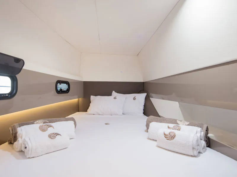Cabin on ZIZI, a Bali 4.1 catamaran at Preveza, Greece