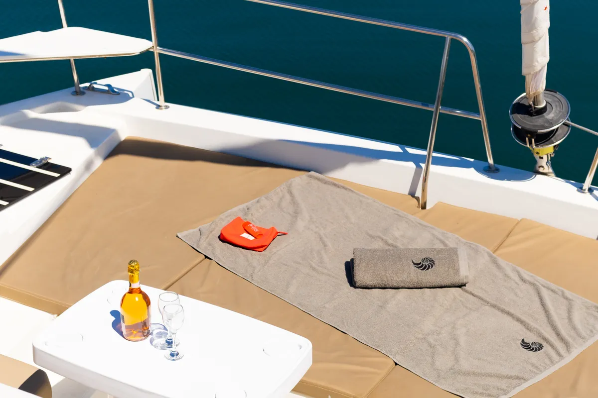 Deck of ZIZI, a Bali 4.1 catamaran at Preveza, Greece