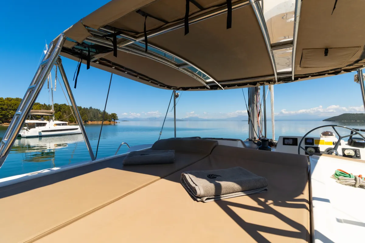 Deck of ZIZI, a Bali 4.1 catamaran at Preveza, Greece