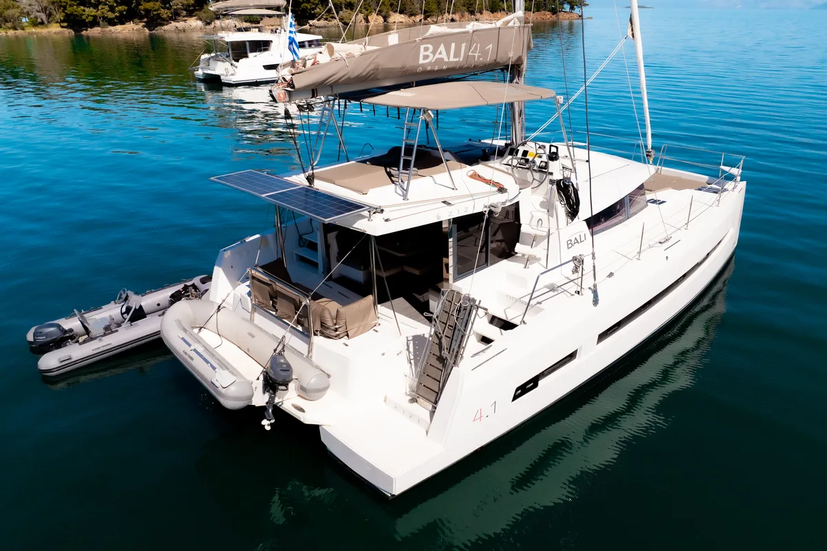 Exterior view of ZIZI, a Bali 4.1 catamaran at Preveza, Greece