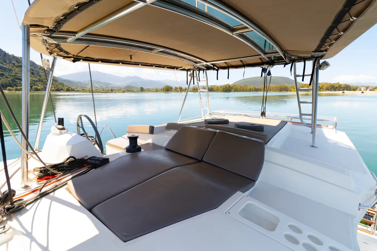 Deck of ZIZI, a Bali 4.1 catamaran at Preveza, Greece