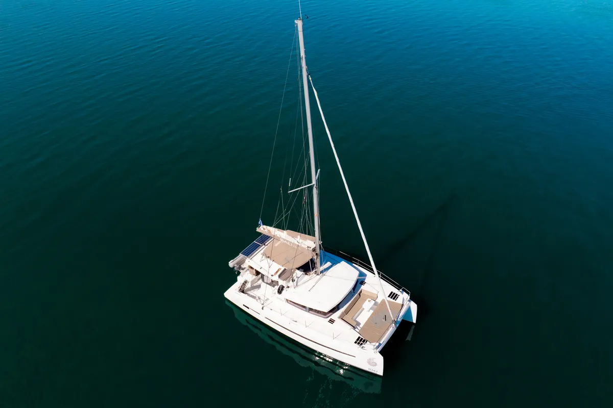 Exterior view of ZIZI, a Bali 4.1 catamaran at Preveza, Greece