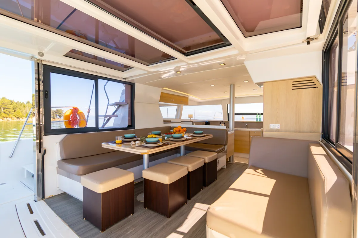 Salon of ZIZI, a Bali 4.1 catamaran at Preveza, Greece