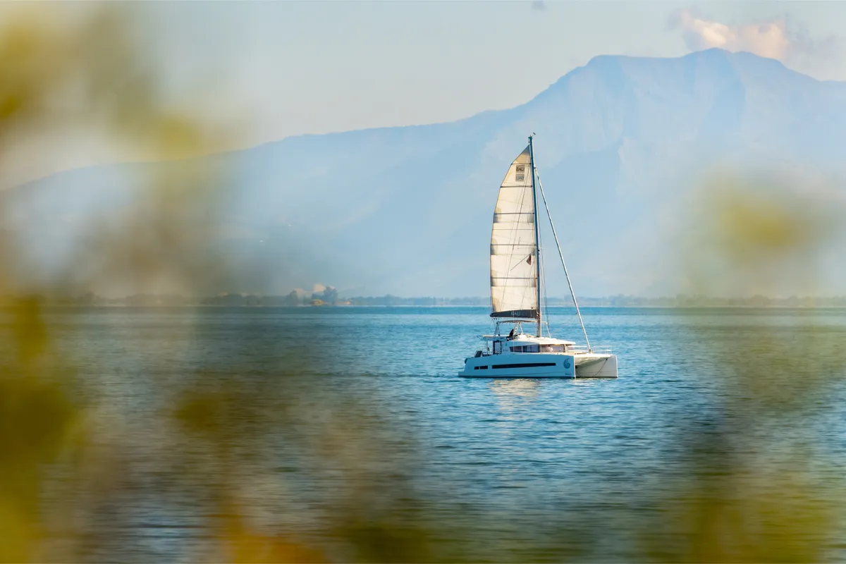 Exterior view of ZIZI, a Bali 4.1 catamaran at Preveza, Greece