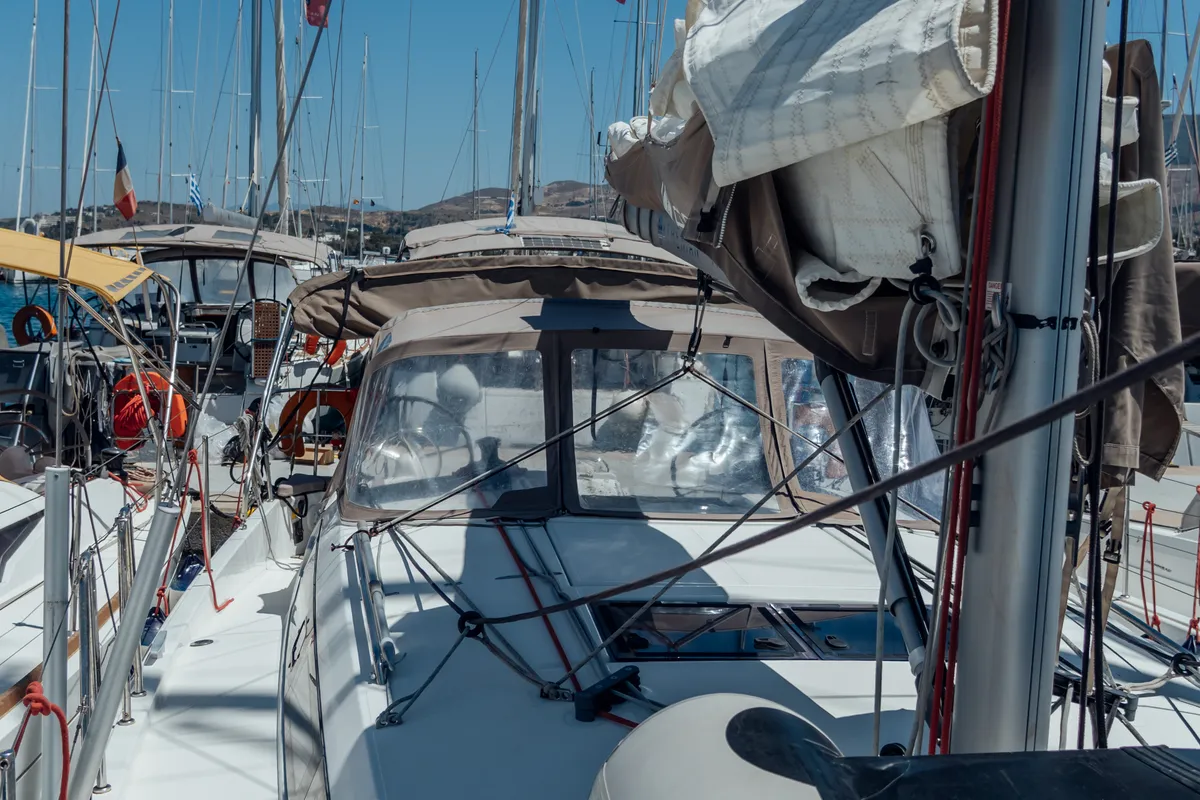 Deck of Anassa, a Jeanneau Sun Odyssey 410 sailboat at Kos, Greece