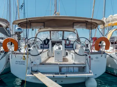 Cockpit of Anassa, a Jeanneau Sun Odyssey 410 sailboat at Kos, Greece