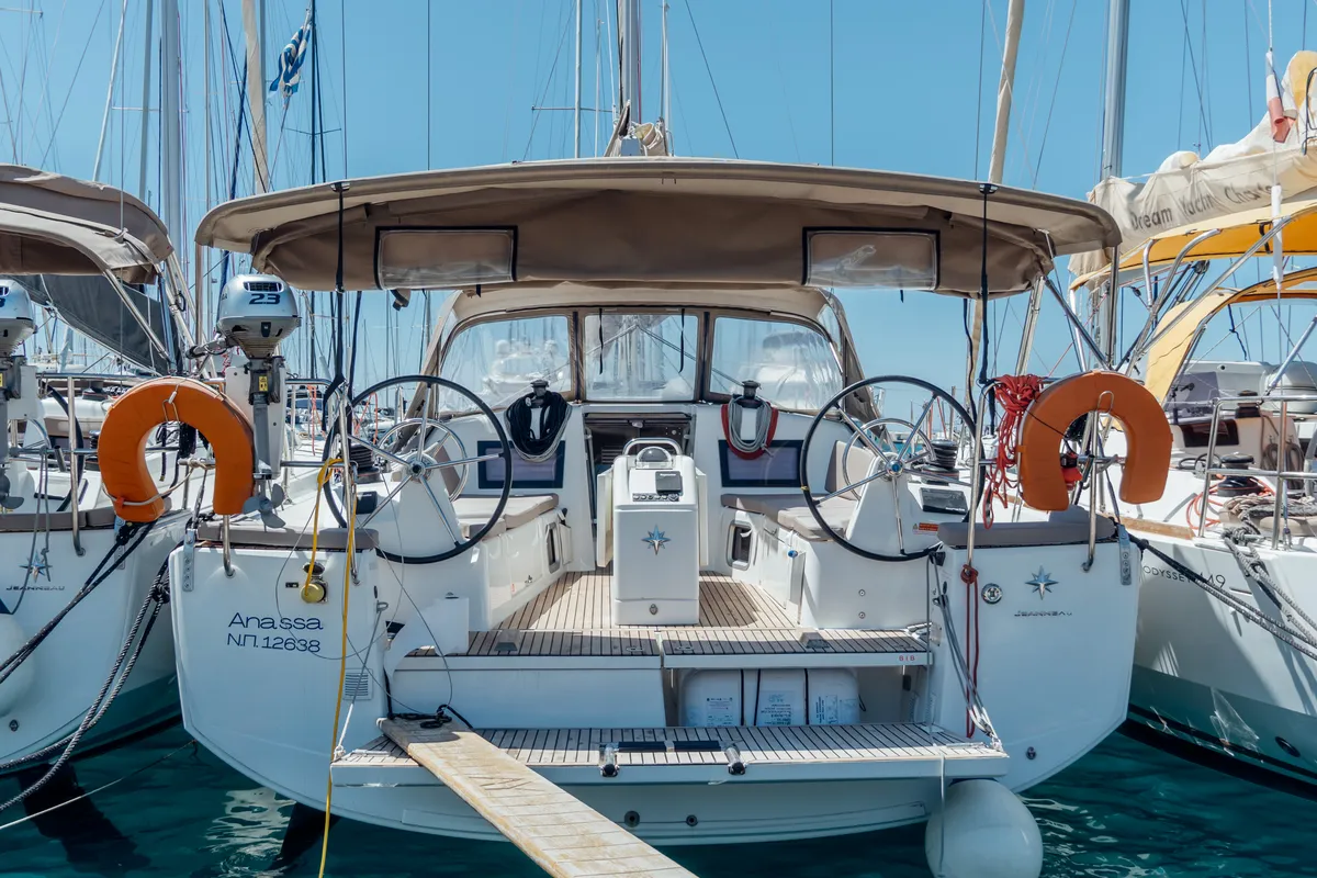 Cockpit of Anassa, a Jeanneau Sun Odyssey 410 sailboat at Kos, Greece