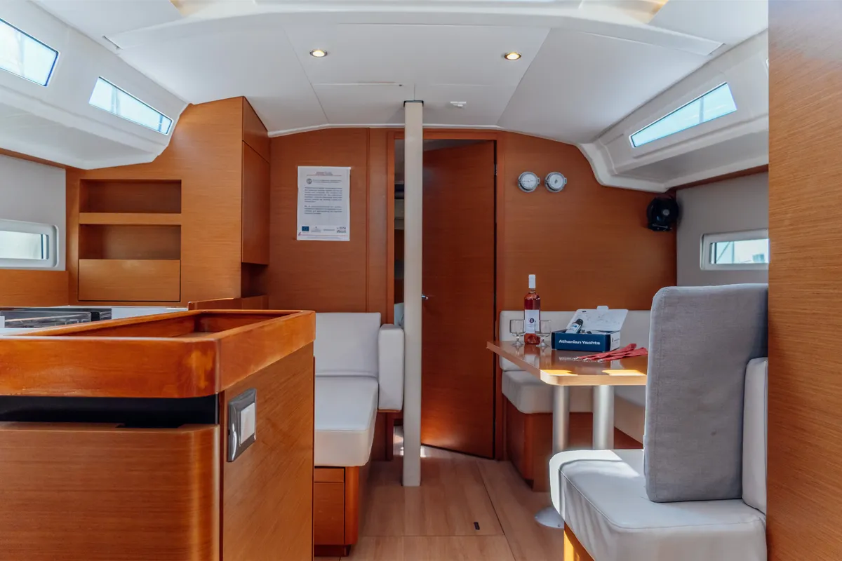 Salon of Anassa, a Jeanneau Sun Odyssey 410 sailboat at Kos, Greece
