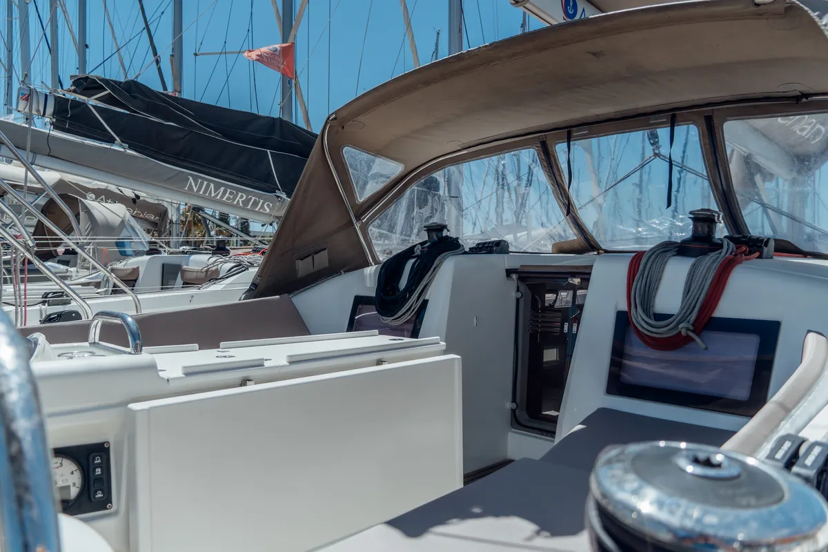 Cockpit of Anassa, a Jeanneau Sun Odyssey 410 sailboat at Kos, Greece