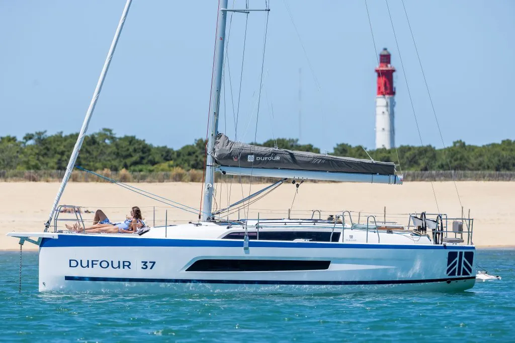 Exterior view of Skiona, a Dufour 37 sailboat at La Rochelle, France