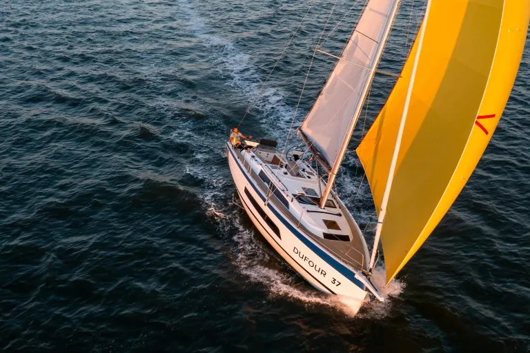 Exterior view of Skiona, a Dufour 37 sailboat at La Rochelle, France