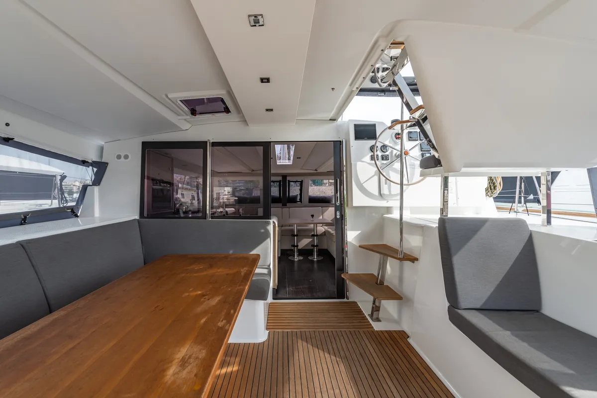 Deck of Rih, a Fountaine Pajot Isla 40 catamaran at Municipal Unit of Lefkada, Greece