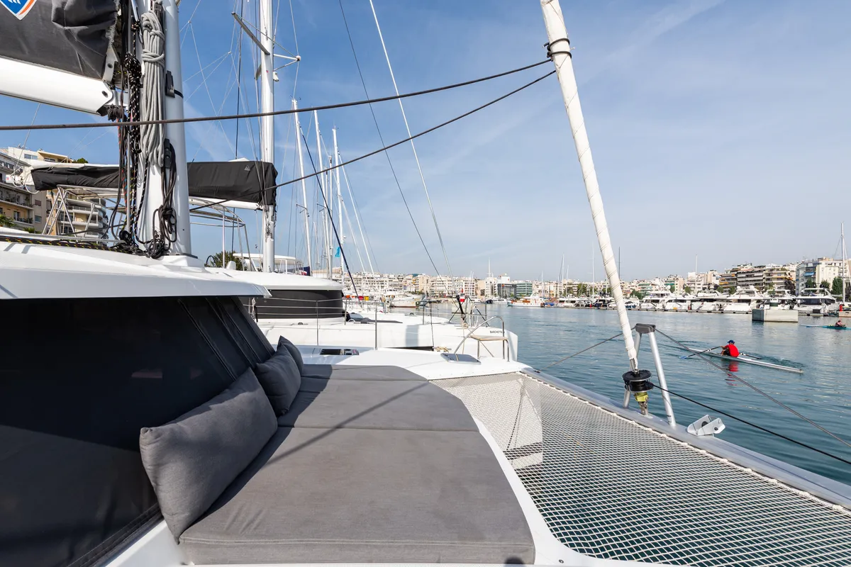 Deck of Rih, a Fountaine Pajot Isla 40 catamaran at Municipal Unit of Lefkada, Greece