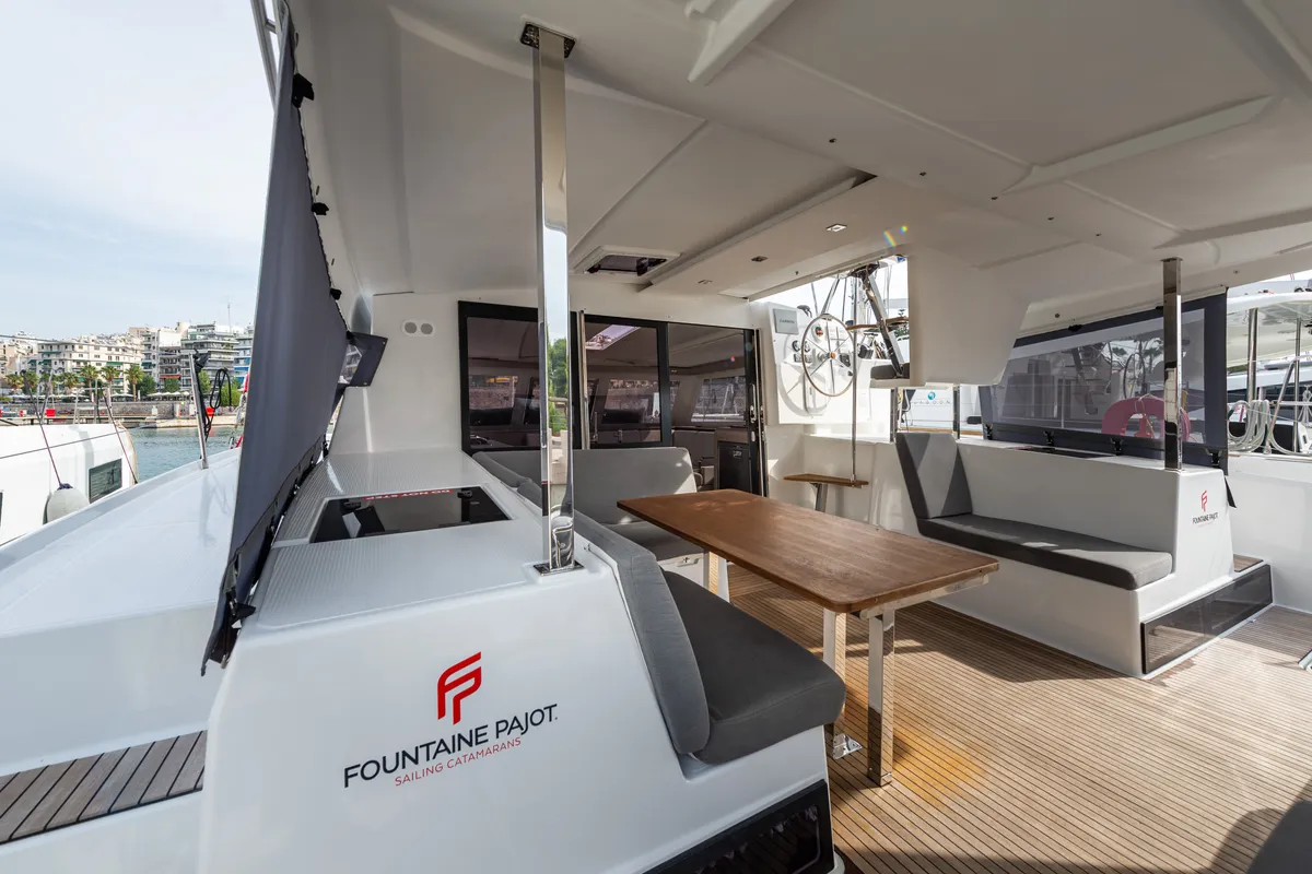 Deck of Rih, a Fountaine Pajot Isla 40 catamaran at Municipal Unit of Lefkada, Greece