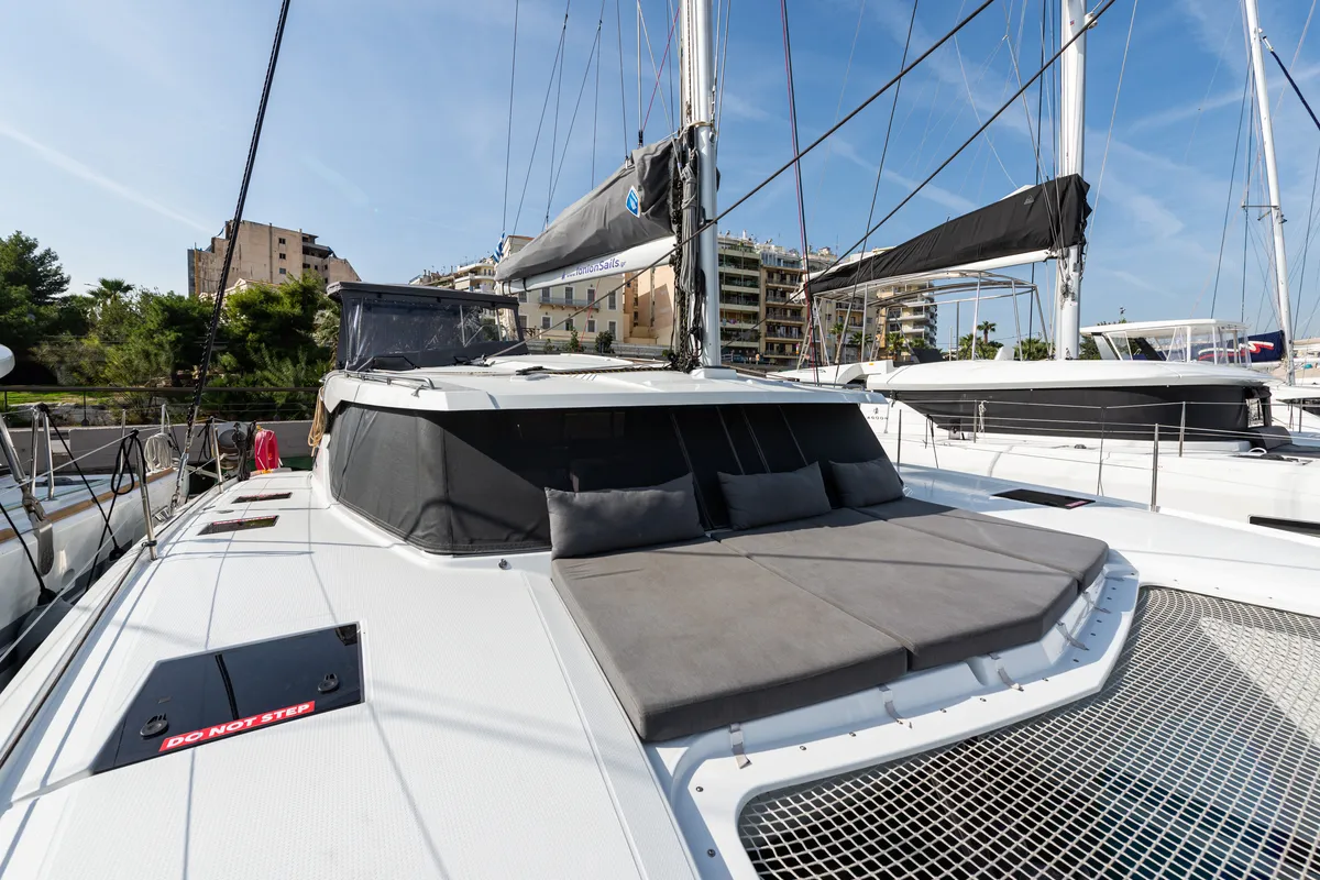 Deck of Rih, a Fountaine Pajot Isla 40 catamaran at Municipal Unit of Lefkada, Greece