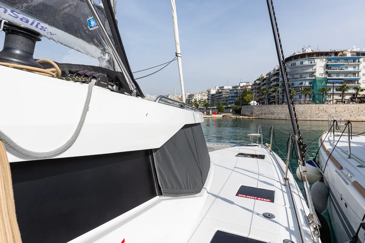 Exterior view of Rih, a Fountaine Pajot Isla 40 catamaran at Municipal Unit of Lefkada, Greece