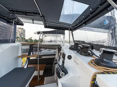 Cockpit of Rih, a Fountaine Pajot Isla 40 catamaran at Municipal Unit of Lefkada, Greece