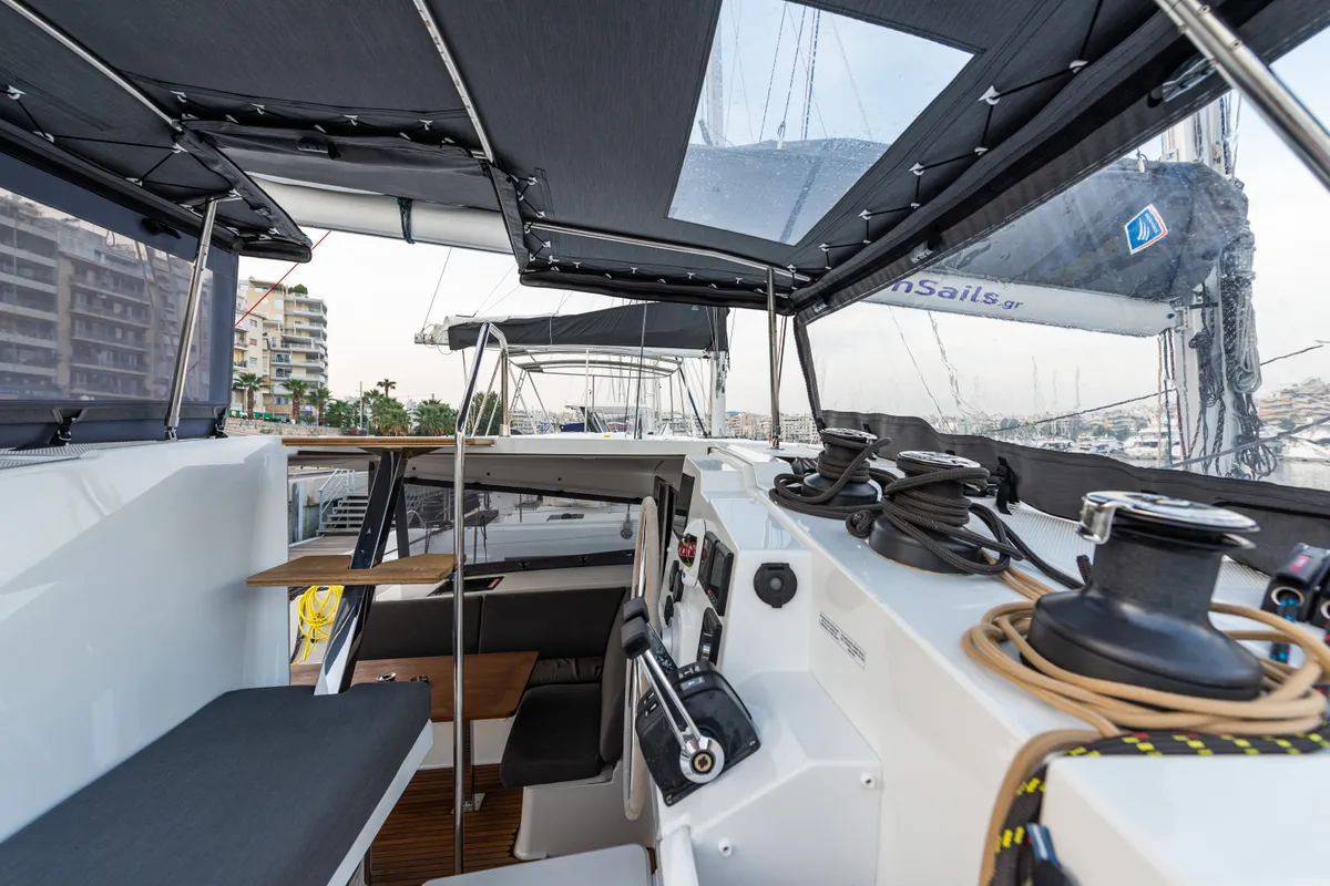 Cockpit of Rih, a Fountaine Pajot Isla 40 catamaran at Municipal Unit of Lefkada, Greece