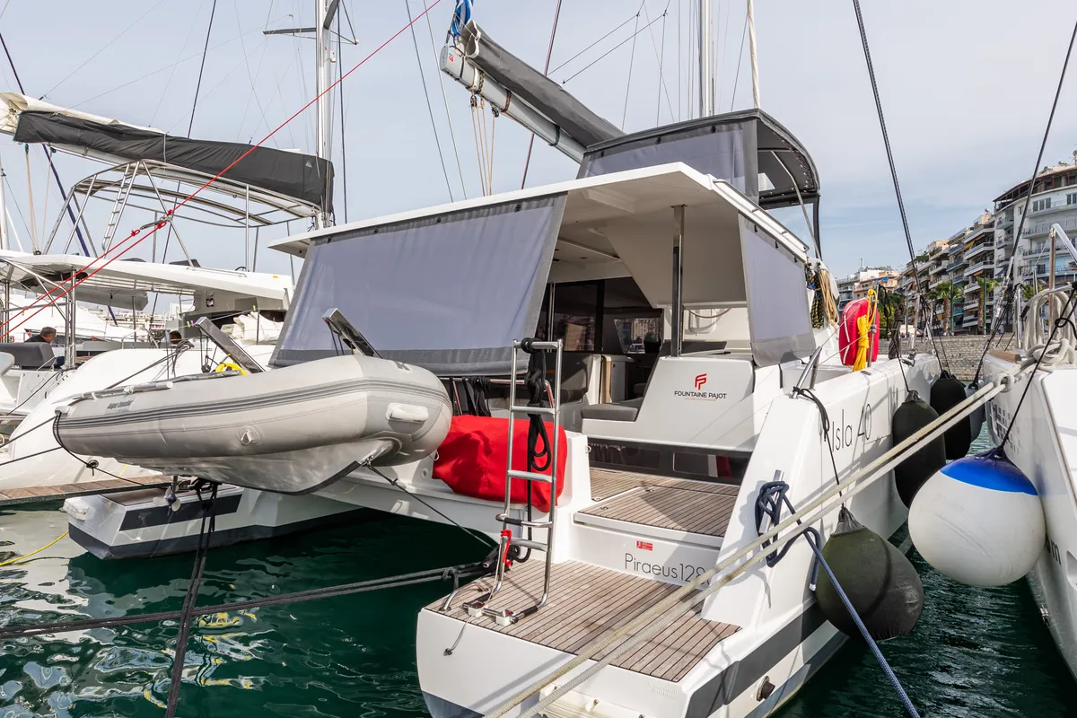 Exterior view of Rih, a Fountaine Pajot Isla 40 catamaran at Municipal Unit of Lefkada, Greece