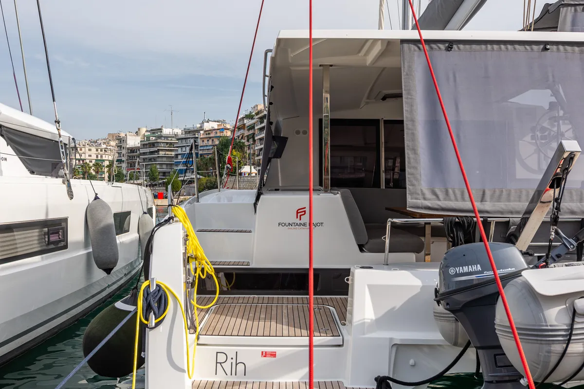 Exterior view of Rih, a Fountaine Pajot Isla 40 catamaran at Municipal Unit of Lefkada, Greece