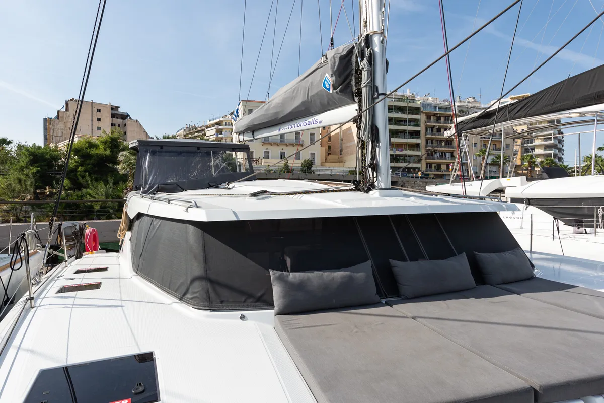 Deck of Rih, a Fountaine Pajot Isla 40 catamaran at Municipal Unit of Lefkada, Greece