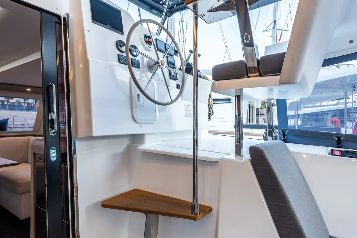 Cockpit of Rih, a Fountaine Pajot Isla 40 catamaran at Municipal Unit of Lefkada, Greece